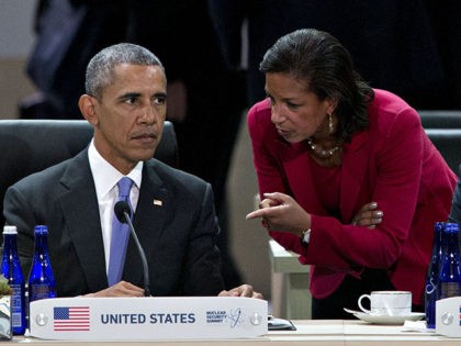 WASHINGTON, DC - APRIL 1: (AFP OUT) U.S. President Barack Obama (L) talks to Susan Rice, U.S. national security advisor(C) during a closing session with David Cameron, U.K. prime minister (R) at the Nuclear Security Summit April 1, 2016 in Washington, D.C. After a spate of terrorist attacks from Europe …