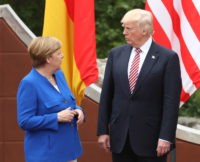 G7 Leaders Meet In Sicily TAORMINA, ITALY - MAY 26: German Chancellor Angela Merkel and U.S. President Donald Trump arrive for the group photo at the G7 Taormina summit on the island of Sicily on May 26, 2017 in Taormina, Italy. Following the summit Chancellor Merkel expressed her disappointment that the Trump administration was unwilling …