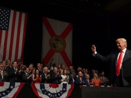 US President Donald Trump speaks at the Manuel Artime Theater in Miami, Florida, on June 1