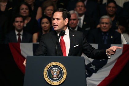 MIAMI, FL - JUNE 16: U.S. Sen. Marco Rubio (R-FL) speaks ahead of President Donald Trump announcing policy changes he is making toward Cuba at the Manuel Artime Theater in the Little Havana neighborhood on June 16, 2017 in Miami, Florida. The President will re-institute some of the restrictions on …