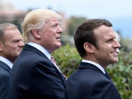 (L-R) The President of the European Council Donald Tusk, US President Donald Trump and French President Emmanuel Macron attend the Summit of the Heads of State and of Government of the G7, the group of most industrialized economies, plus the European Union, on May 26, 2017 in Taormina, Sicily. The …