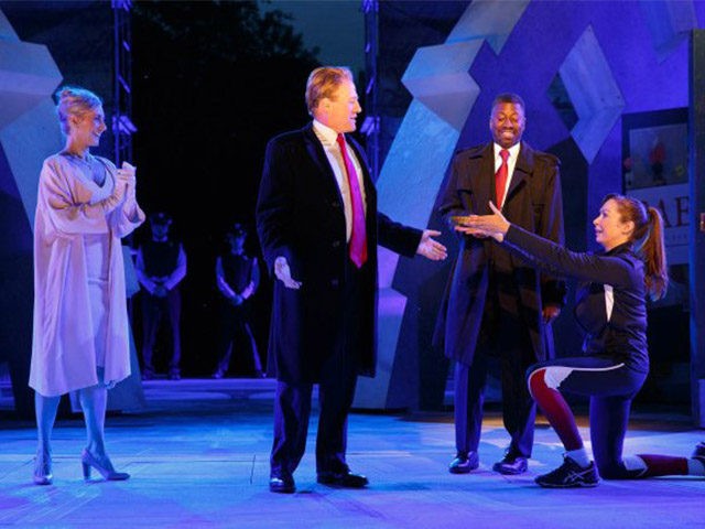 FILE - In this May 21, 2017, file photo provided by The Public Theater, Tina Benko, left, portrays Melania Trump in the role of Caesar's wife, Calpurnia, and Gregg Henry, center left, portrays President Donald Trump in the role of Julius Caesar during a dress rehearsal of The Public Theater's …