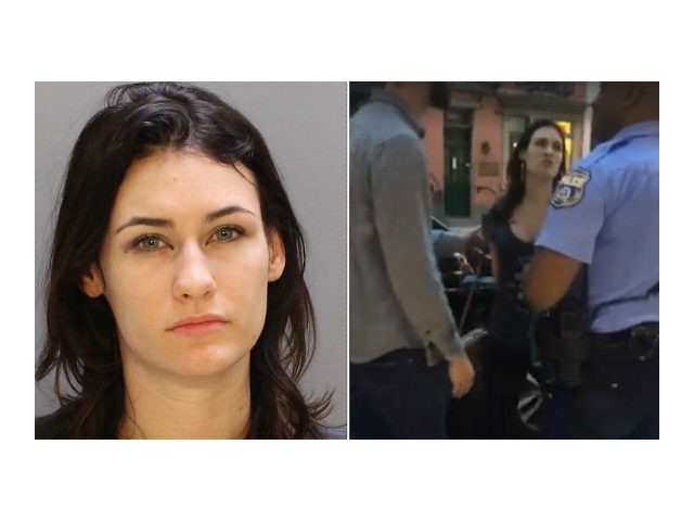 Left: Colleen Campbell in a Philadelphia Police Department photo. Right: A screengrab from the viral video taken outside of Helium Comedy Club on Sunday night.