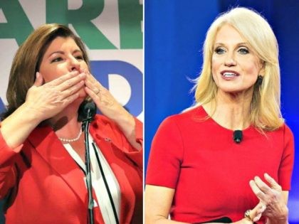 karen handle blows kiss-kellyanne-conway-red