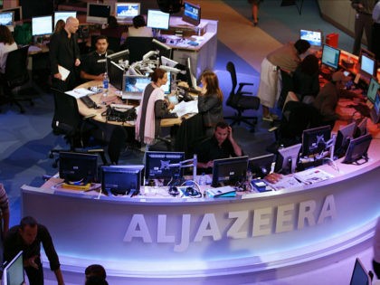 A general view shows the newsroom at the headquarters of the Qatar-based Al-Jazeera satell