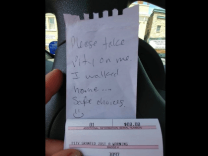 "Pity Granted, Just A Warning" Parking Control Officer Jim Hellrood can appreciate people making safe choices, and a good sense of humor. That's why he recently issued a warning to a vehicle left in a metered lot overnight. Thanks to this resident for sharing!