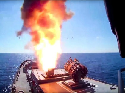 In this frame grab provided on Wednesday, May 31, 2017 by Russian Defense Ministry press service, long-range Kalibr cruise missile is launched by the Russian Navy Admiral Essen frigate in the Mediterranean. The Russian Defense Ministry said in a statement on Wednesday, that the Admiral Essen frigate and the Krasnodar …