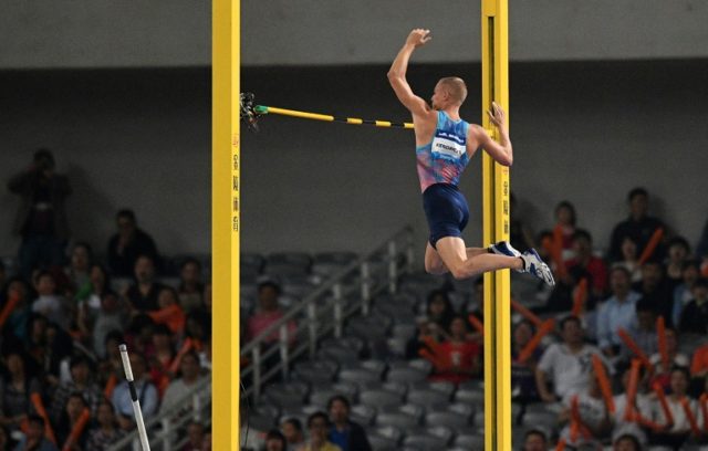 Sam Kendricks of the US competes in the pole vault event during the Shanghai Diamond Leagu