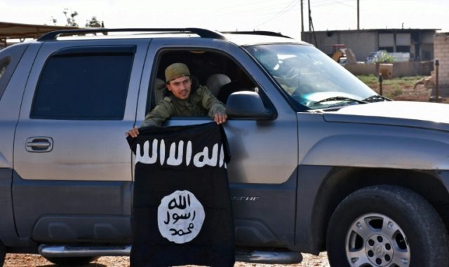 A member of the Syrian pro-government forces holds an Islamic State (IS) group flag after