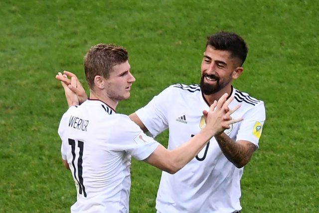 Germany forward Timo Werner (left) celebrates with team-mate Kerem Demirbay after scoring