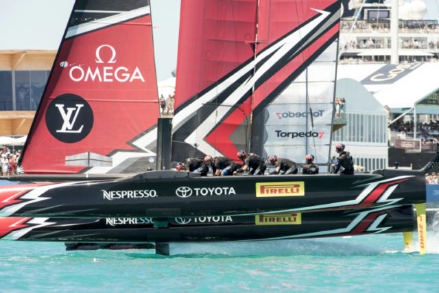 Emirates Team New Zealand races against Oracle Team USA in the Great Sound during the 35th
