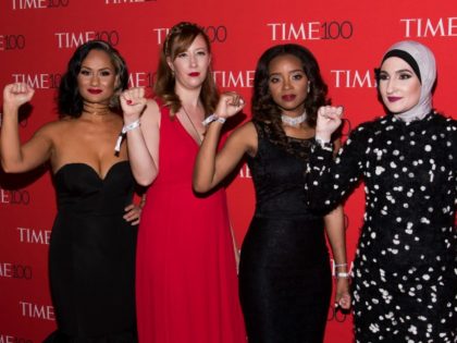 Carmen Perez, left, Bob Bland, Tamika D. Mallory and Linda Sarsour attend the TIME 100 Gala, celebrating the 100 most influential people in the world, April 25, 2017, in New York.