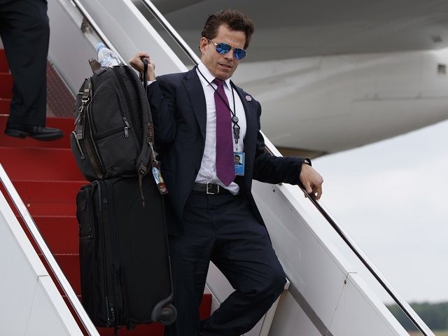 White House communications director Anthony Scaramucci walks down the steps of Air Force One after arriving at Long Island MacArthur Airport in Ronkonkoma, N.Y., Friday, July 28, 2017, for a speech by President Donald Trump on the street gang MS-13. (AP Photo/Evan Vucci)