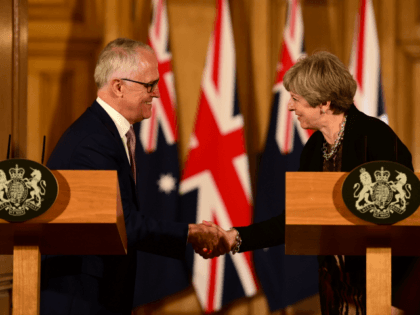 British Prime Minister Theresa May holds a press conference with Australia's Prime Minister Malcolm Turnbull at Downing Street on July 10, 2017 in London, England.