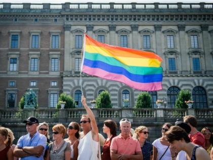 A man holds a rainbow flag during the Gay Pride Parade on August 2, 2014, in Stockholm. AFP PHOTO/JONATHAN NACKSTRAND (Photo credit should read JONATHAN NACKSTRAND/AFP/Getty Images)
