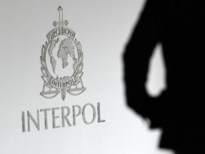 A logo at the newly completed Interpol Global Complex for Innovation building is seen duri