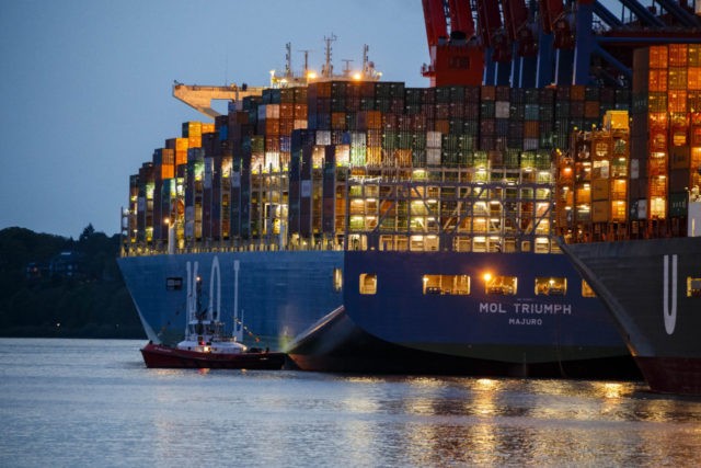 HAMBURG, GERMANY - MAY 15: The MOL Triumph, an ultra-large container ship from South Korea