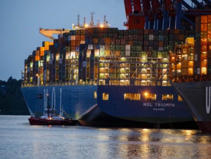HAMBURG, GERMANY - MAY 15: The MOL Triumph, an ultra-large container ship from South Korea