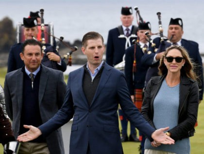 TURNBERRY, SCOTLAND - JUNE 28: Eric Trump and his wife Lara attend the opening Trump Turnberry's new golf course the King Robert The Bruce course on June 28, 2017 in Turnberry, Scotland. Formerly the Kintyre Course, it has been redesigned and upgraded and forms the second course to the acclaimed …