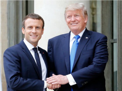 PARIS, FRANCE - JULY 13: French President Emmanuel Macron welcomes US President Donald Trump prior to a meeting at the Elysee Presidential Palace on July 13, 2017 in Paris, France. As part of the commemoration of the 100th anniversary of the entry of the United States of America into World …