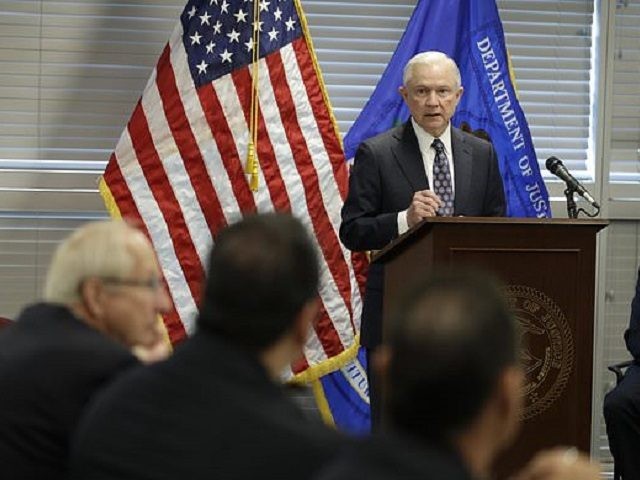 Attorney General Jeff Sessions speaks to federal, state and local law enforcement officials about sanctuary cities and efforts to combat violent crime, Wednesday, July 12, 2017, in Las Vegas. (AP Photo/John Locher)
