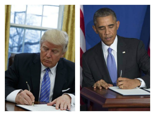 Collage of Trump and Obama signing executive orders