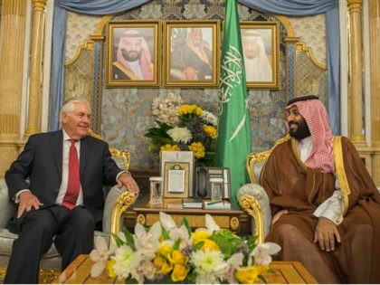 EDDAH, SAUDI ARABIA - JULY 12 : (----EDITORIAL USE ONLY MANDATORY CREDIT - 'BANDAR ALGALOUD / SAUDI ROYAL COUNCIL / HANDOUT' - NO MARKETING NO ADVERTISING CAMPAIGNS - DISTRIBUTED AS A SERVICE TO CLIENTS----) US Secretary of State Rex Tillerson (L) meets with Saudi Crown Prince Mohammad bin Salman al-Saud …