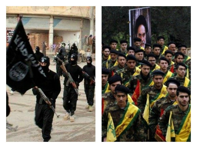 Collage of ISIS and Hezbollah, both marching