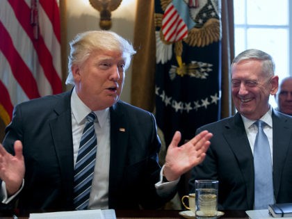 U.S. President Donald trump speaks while James Mattis, U.S. secretary of defense, right, laughs during a meeting with members of the Cabinet at the White House in Washington, D.C., U.S, on Monday, March 13, 2017. Trump said it could take several years for health insurance prices to start to drop …