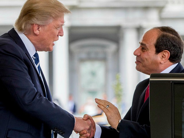 President Donald Trump greets Egyptian President Abdel Fattah Al-Sisi as he arrives at the White House in Washington, Monday, April 3, 2017. (AP Photo/Andrew Harnik)