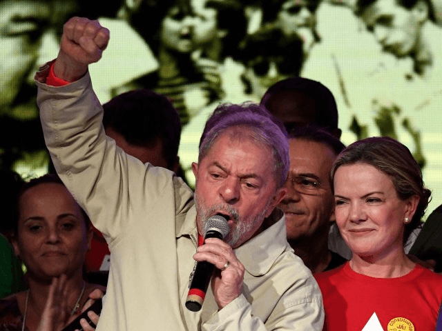 Former Brazilian President Luiz Inacio Lula da Silva (L) delivers a speech during the closing of the National Congress of the Workers' Party on June 3, 2017. Evaristo Sa—AFP/Getty Images