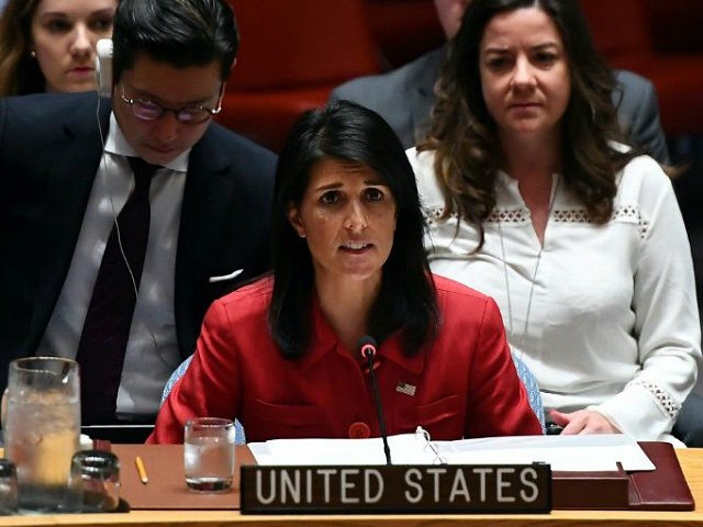 US Ambassador to the United Nations Nikki Haley speaks during a Security Council meeting on North Korea at the UN headquarters in New York on July 5, 2017. The UN Security Council held an emergency meeting after North Korea said it had successfully tested its first intercontinental ballistic missile. / …