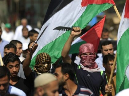 Palestinian protesters carry knives and the national flag during a demonstration in the Ja