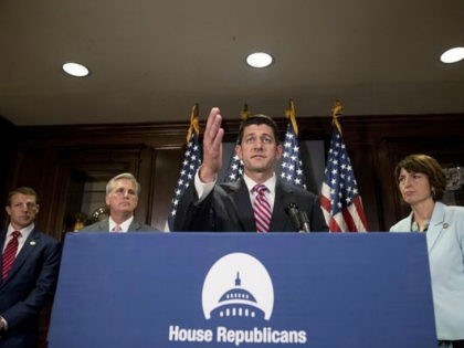 House Speaker Paul Ryan of Wis., center, joined by, from left, Rep. Markwayne Mullin, R-Ok