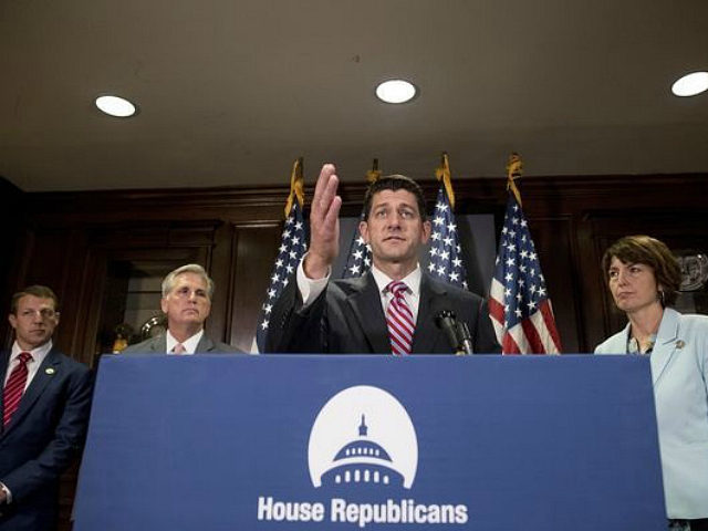 House Speaker Paul Ryan of Wis., center, joined by, from left, Rep. Markwayne Mullin, R-Ok