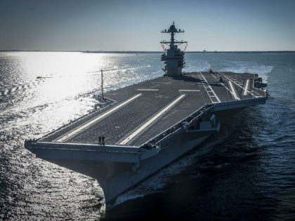 NEWPORT NEWS, VA - APRIL 8: In this handout photo provided by the U.S. Navy, the future USS Gerald R. Ford (CVN 78) is seen underway on its own power for the first time on April 8, 2017 in Newport News, Virginia. The first-of-class ship -- the first new U.S. …