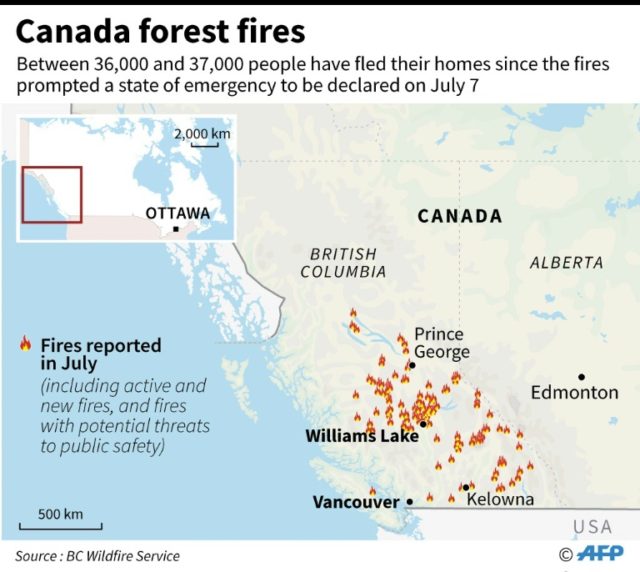 Map of Canada locating forest fires reported in July, which have prompted thousands to fle