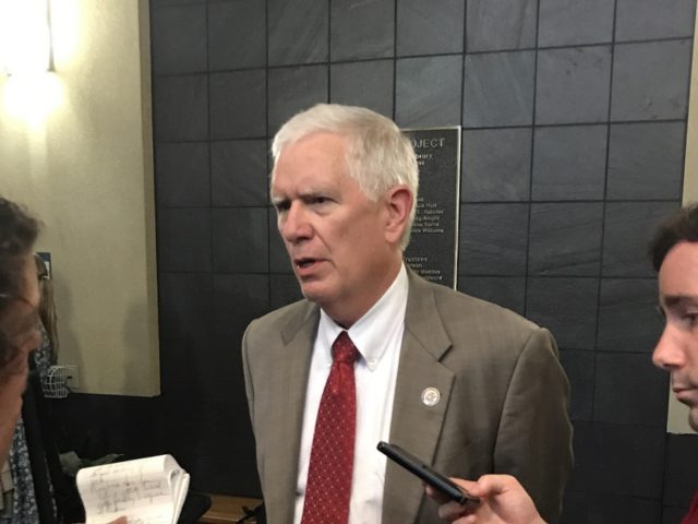 Rep. Mo Brooks (R-AL) speaks to reporters at the Jefferson County Republican Executive Committee meeting in Homewood, AL on August 10