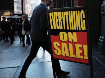 NEW YORK, NY - NOVEMBER 17: A sign advertises a sale in a shopping district in lower Manhattan on November 17, 2015 in New York City. After two straight months of declines, U.S. consumer prices increased in October data released on Tuesday showed. Other economic data released by the Federal …
