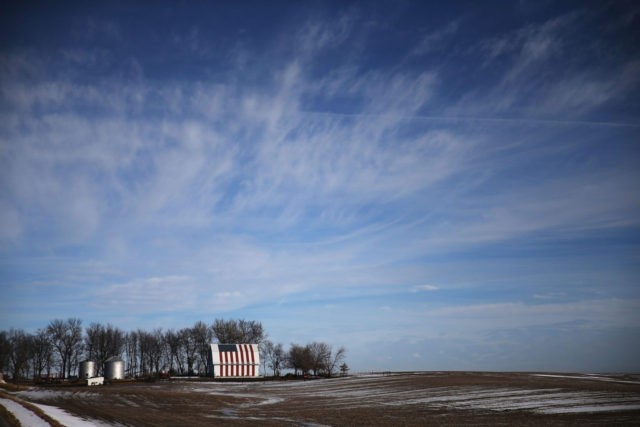 DES MOINES, IA - JANUARY 30: An American flag is seen painted on a barn on January 30, 201
