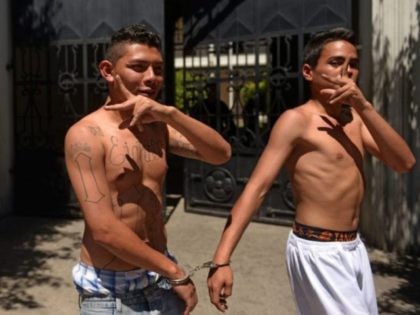 Alleged members of the 18 gang gesture as they walk during their presentation to the press