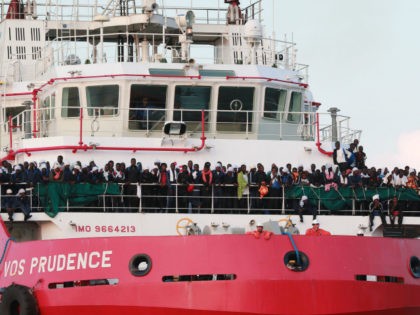 The Italian rescue ship Vos Prudence run by NGO Medecins Sans Frontieres (MSF) arrives in the early morning of July 14, 2017, in the port of Salerno carrying 935 migrants, including 16 children and 7 pregnant women rescued from the Mediterranean sea. / AFP PHOTO / CARLO HERMANN (Photo credit …