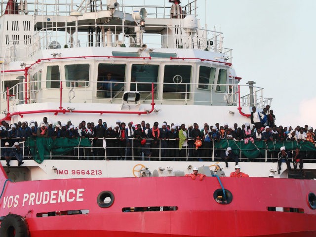 The Italian rescue ship Vos Prudence run by NGO Medecins Sans Frontieres (MSF) arrives in the early morning of July 14, 2017, in the port of Salerno carrying 935 migrants, including 16 children and 7 pregnant women rescued from the Mediterranean sea. / AFP PHOTO / CARLO HERMANN (Photo credit …