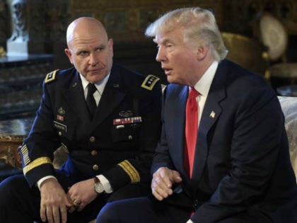 President Donald Trump, right, speaks as Army Lt. Gen. H.R. McMaster, left, listens at Tru