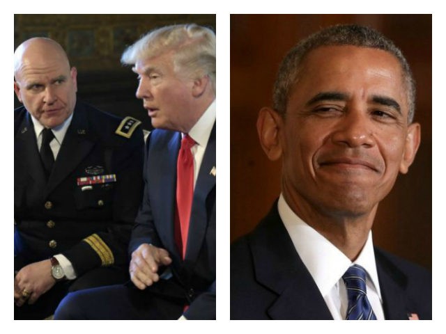 McMaster with Trump (AP Photo/Susan Walsh) and Obama with grin (Chip Somodevilla/Getty) collage.