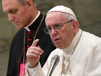 Pope Francis gestures during his weekly general audience in the Paul VI hall on August 2,