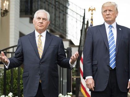 US President Donald Trump (R) speaks to the press with US Secretary of State Rex Tillerson (L) on August 11, 2017, at Trump National Golf Club in Bedminster, New Jersey. Trump said Friday that he was considering options involving the US military as a response to the escalating political crisis …