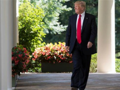 US President Donald Trump walks down the West Wing Colonnade to speak to the American Legion Boys Nation and the American Legion Auxiliary Girls Nation in the Rose Garden of the White House in Washington, DC, July 26, 2017. / AFP PHOTO / SAUL LOEB (Photo credit should read SAUL …