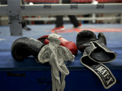 In this Friday, April 29, 2016 photo, boxing gloves lie on a boxing ring as boxers work out at El Rayo boxing gym in Madrid, Spain. At 84, Manolo del Rio is something of a legend in Spanish boxing circles, having spent more than 65 years training some of the …