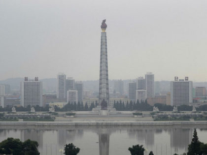 The Juche tower and Taedong river are seen on a hazy morning from the Grand People's Study
